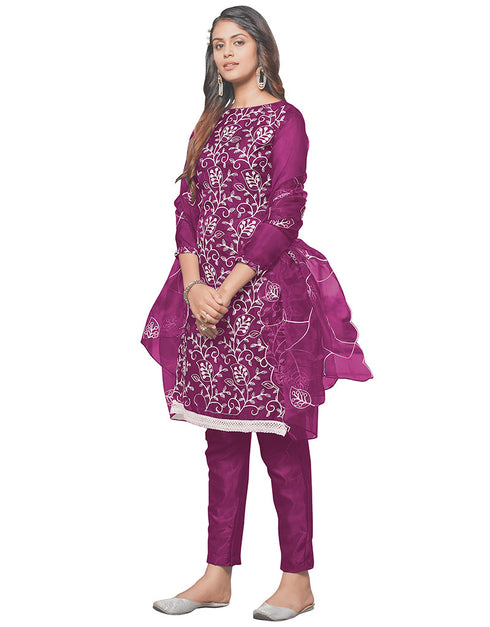 Trendy Designer Party Wear Salwar Suit Purple Organza Pant Straight Front View